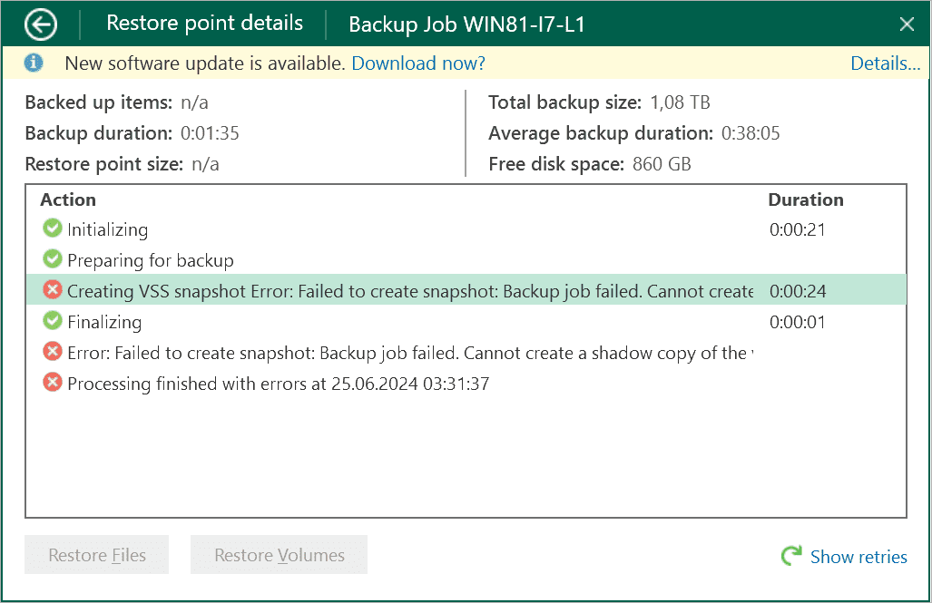 Veeam Agent for Windows backup job failed with VSS error 0x80042306