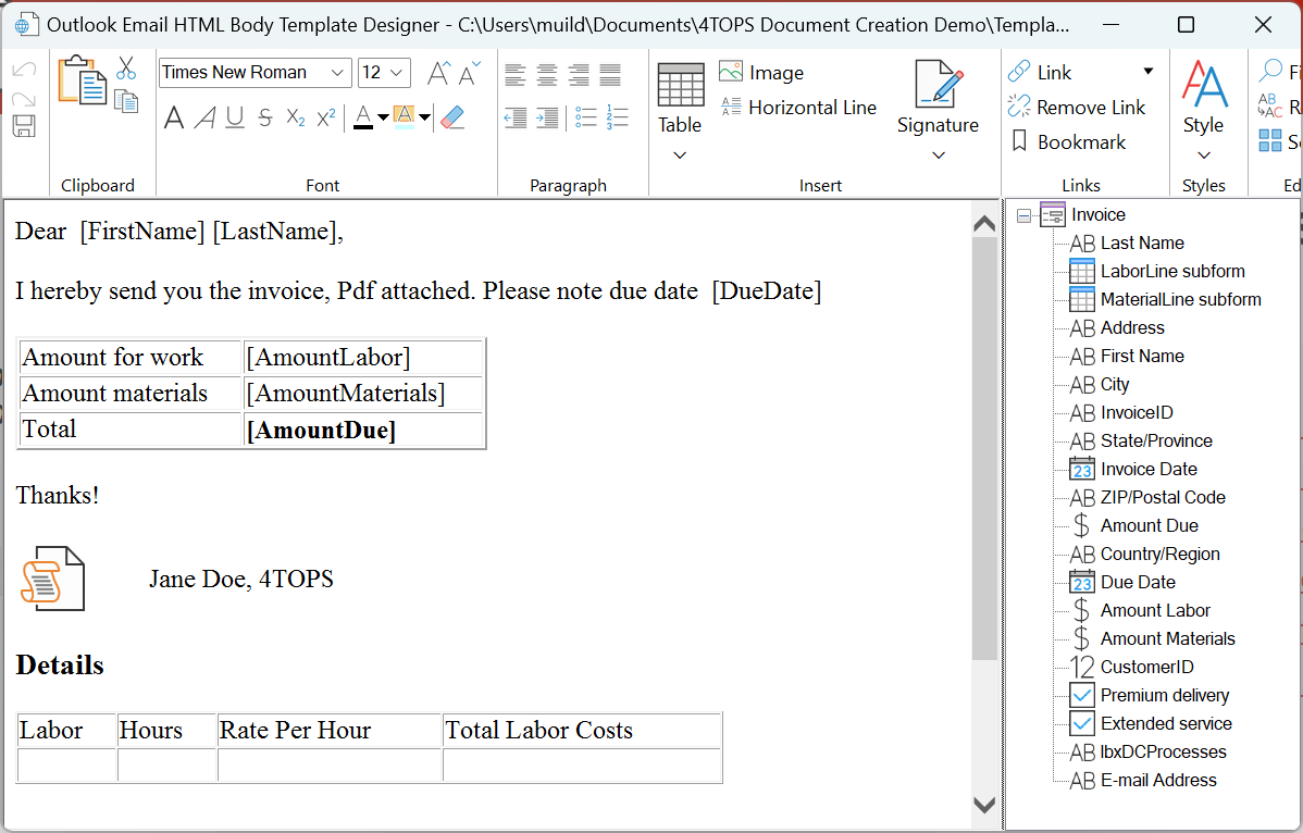 Outlook Email Body HTML Template Designer 4TOPS Document Creation
