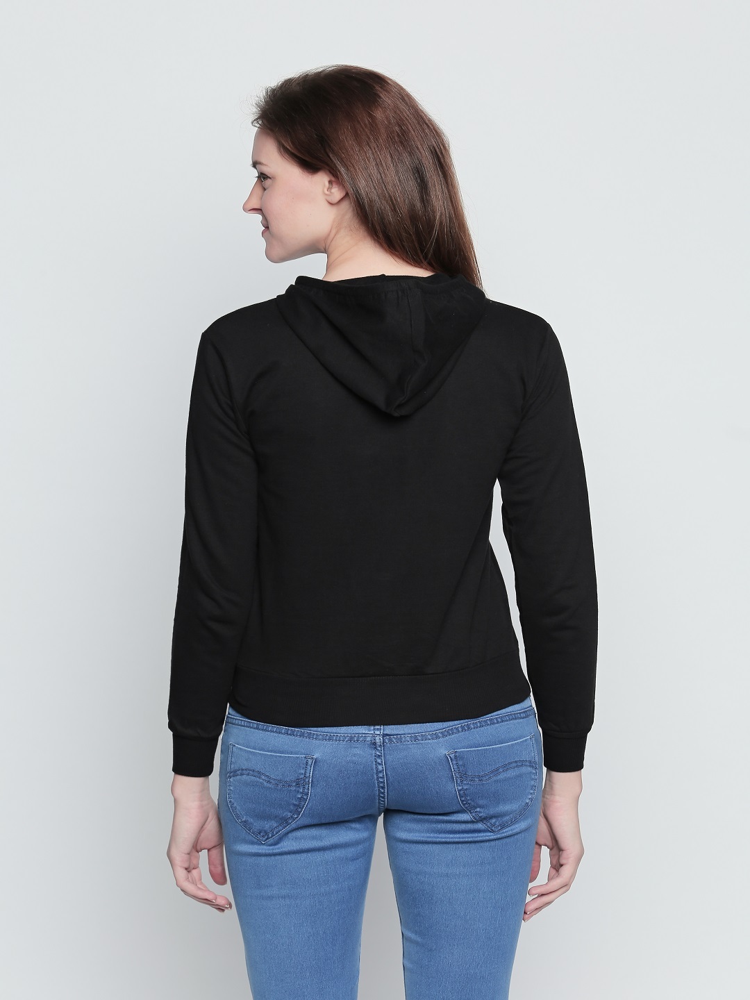 Full Sleeve Casual Wear Ladies Black Cotton Hooded TShirt, Size Sxl