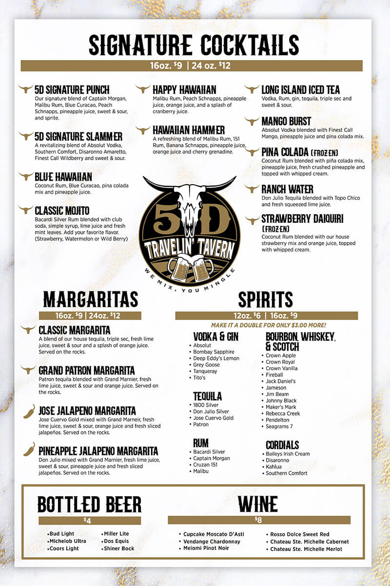 Drink Menu 5D Travelin Tavern Yorktown, Texas