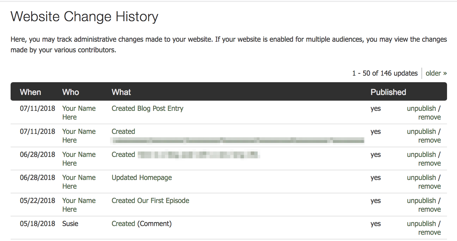 Viewing your site's change log Squarespace 5
