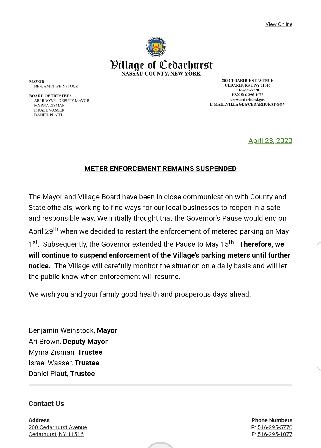 UPDATE Cedarhurst Meter Enforcement Now Remains Suspended! 5 Towns