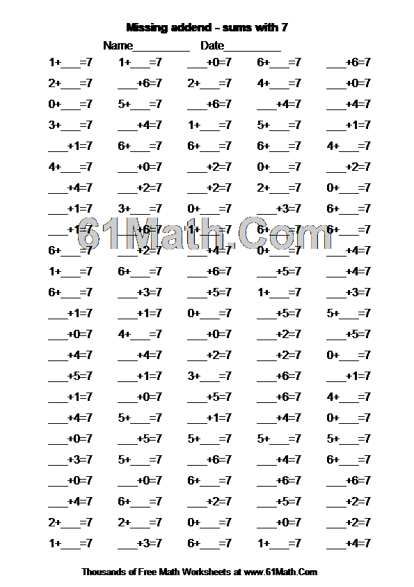 Missing addend sums with 7 Create Your Own Math Worksheets