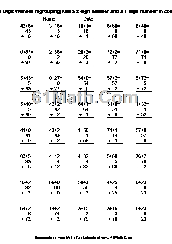 Addition: Two-Digit Plus One-Digit Without regrouping(Add a 2-digit