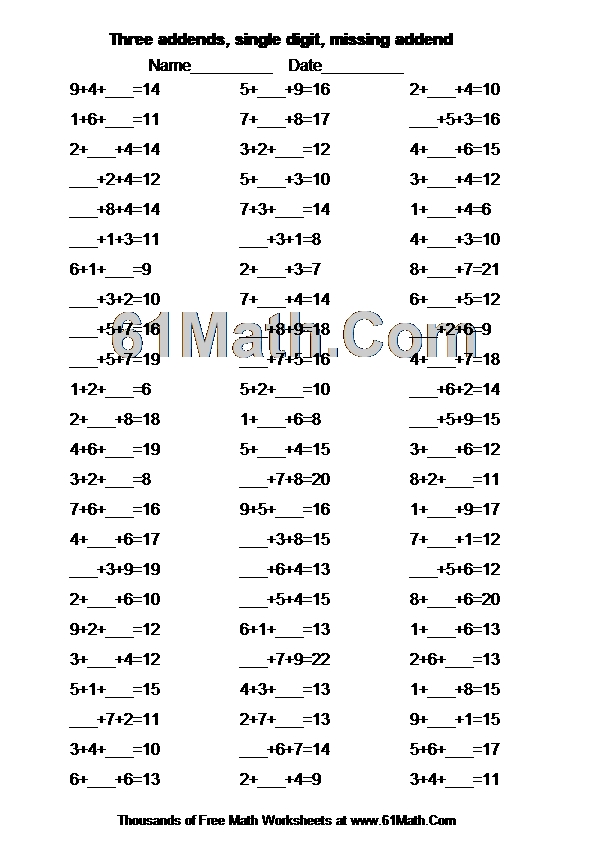 Three addends, single digit, missing addend Create Your Own Math