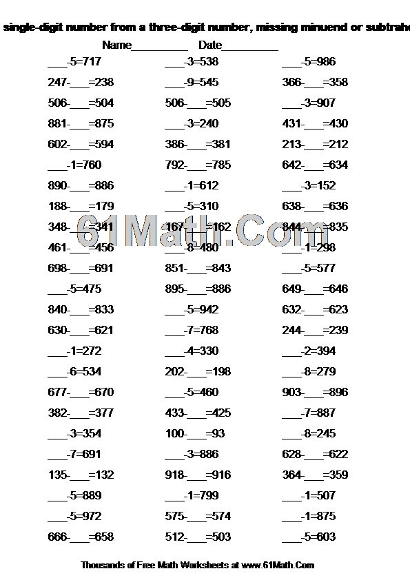 Subtract a singledigit number from a threedigit number, missing