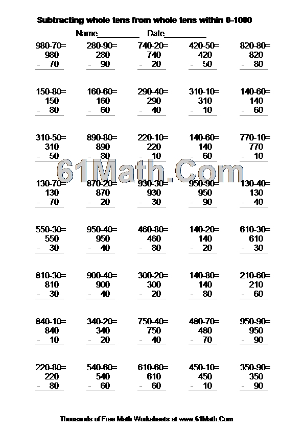 Subtracting whole tens from whole tens within 01000 Create Your Own