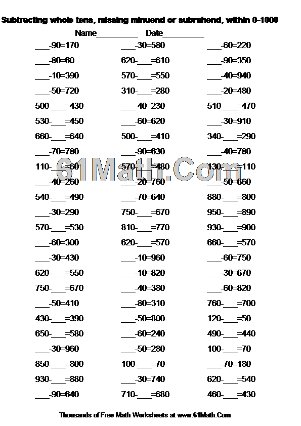 Subtracting whole tens, missing minuend or subrahend, within 01000