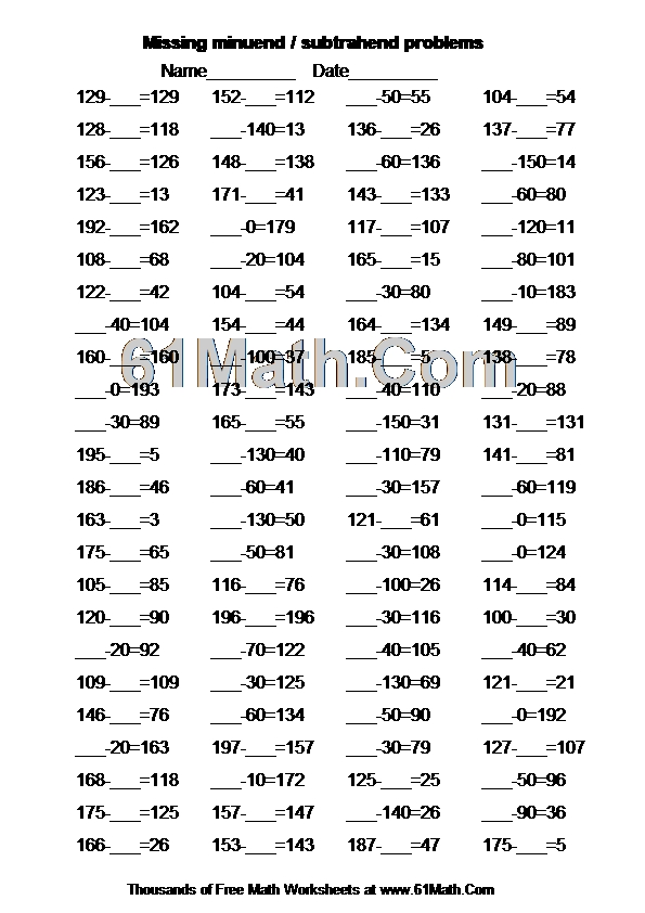 Missing minuend / subtrahend problems Create Your Own Math Worksheets