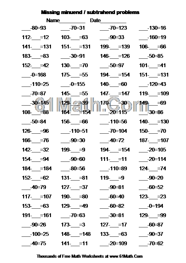 Missing minuend / subtrahend problems Create Your Own Math Worksheets