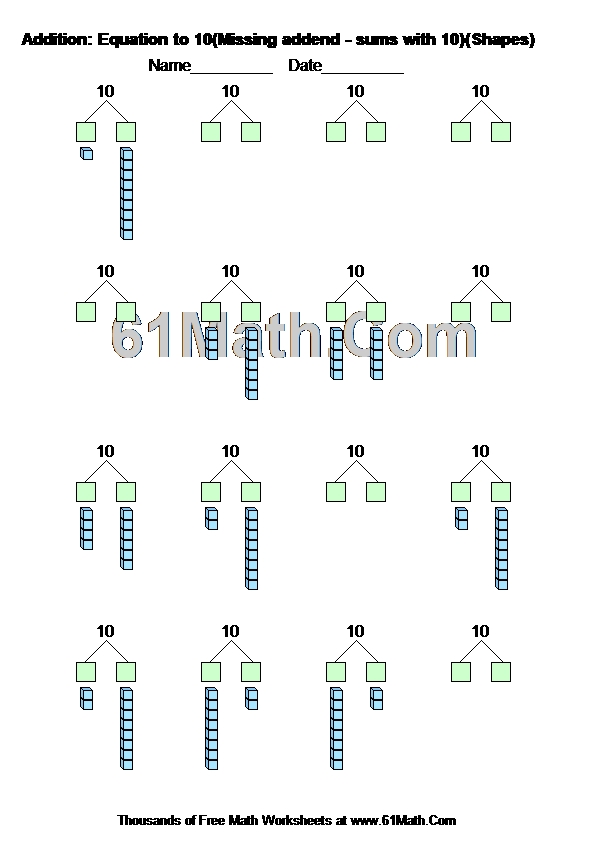 Addition Equation to 10(Missing addend sums with 10)(Shapes