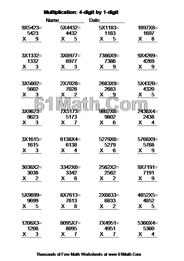 Multiplication 4digit by 1digit Create Your Own Math Worksheets