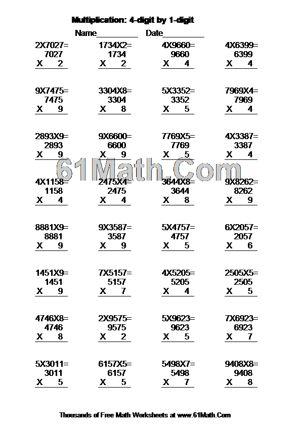 Multiplication 4digit by 1digit Create Your Own Math Worksheets