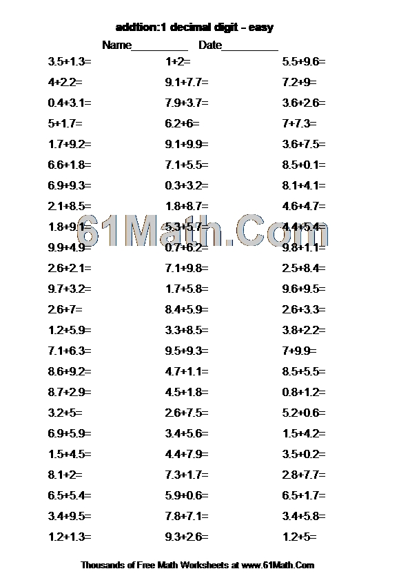 addtion1 decimal digit easy Create Your Own Math Worksheets