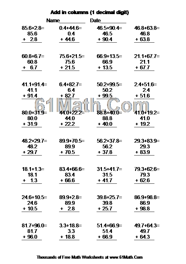 Add in columns (1 decimal digit) Create Your Own Math Worksheets