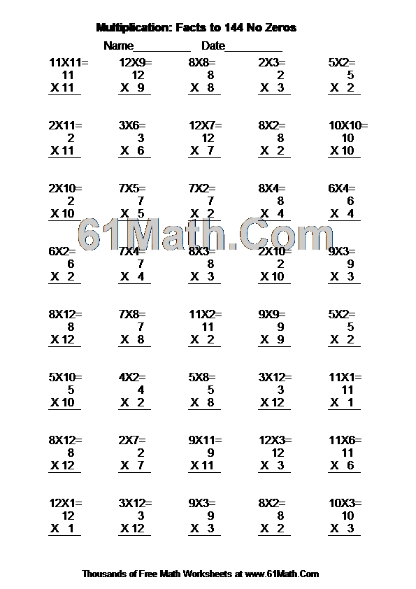 Multiplication: Facts To 144 No Zeros | Create Your Own Math Worksheets