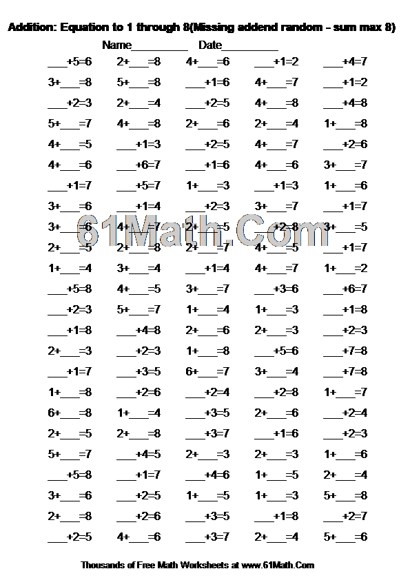 Addition: Equation to 1 through 8(Missing addend random - sum max 8