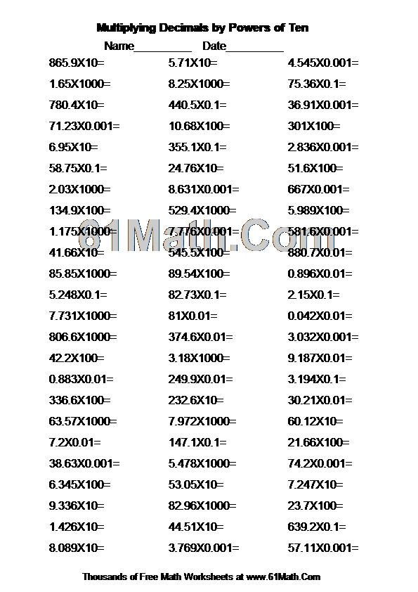 Multiplying Decimals by Powers of Ten Create Your Own Math Worksheets
