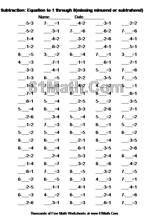 Subtraction Equation to 1 through 8(missing minuend or subtrahend