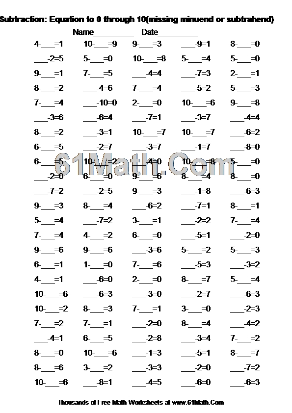 Subtraction Equation to 0 through 10(missing minuend or subtrahend