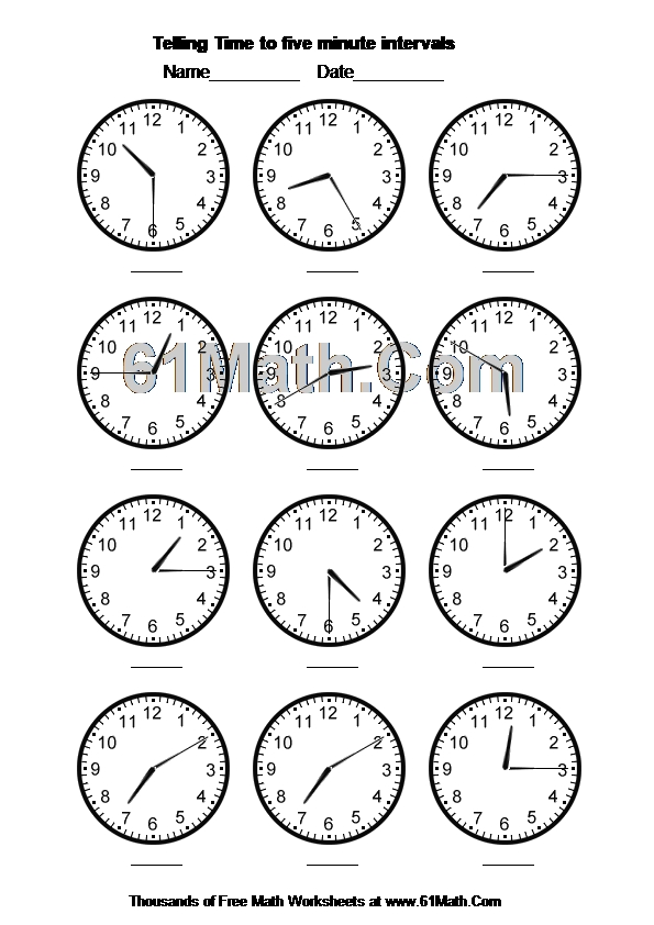 Telling Time to five minute intervals Create Your Own Math Worksheets