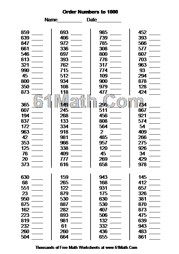 Order Numbers to 1000 Create Your Own Math Worksheets