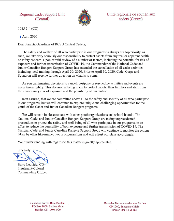 Letter from the Commanding Officer of National Cadets and