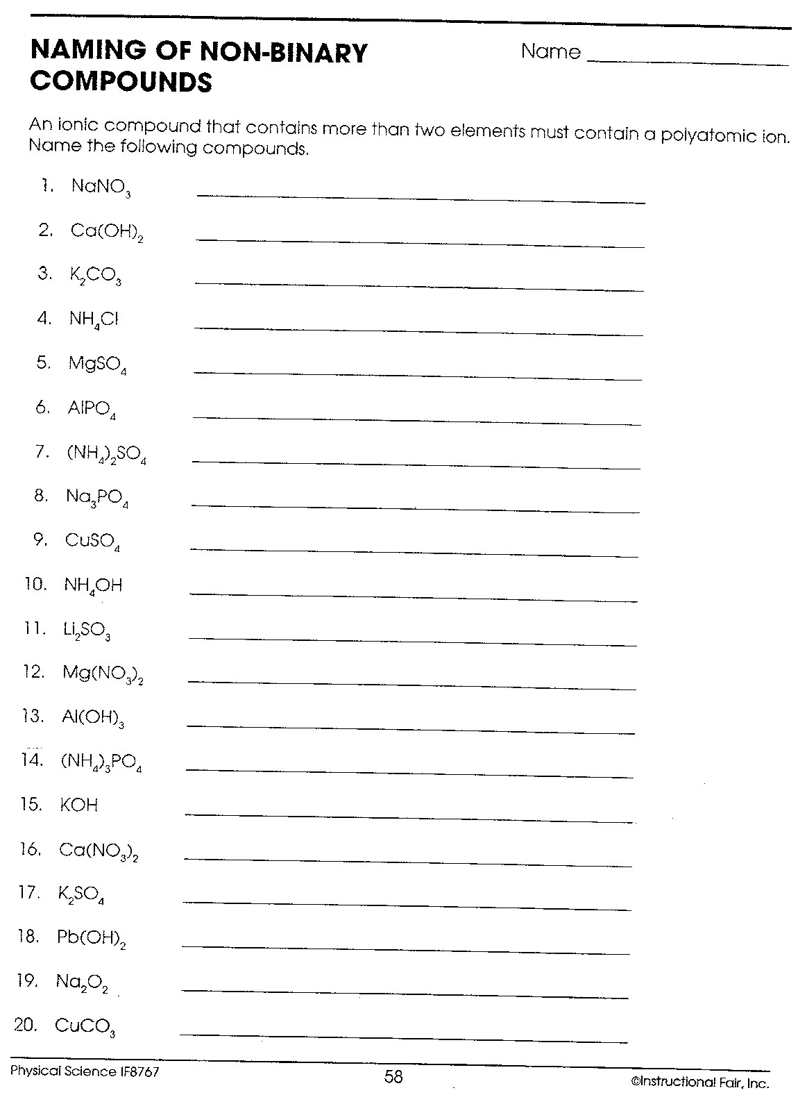 Writing Binary Formulas Worksheet Physical Science If8767 Reading