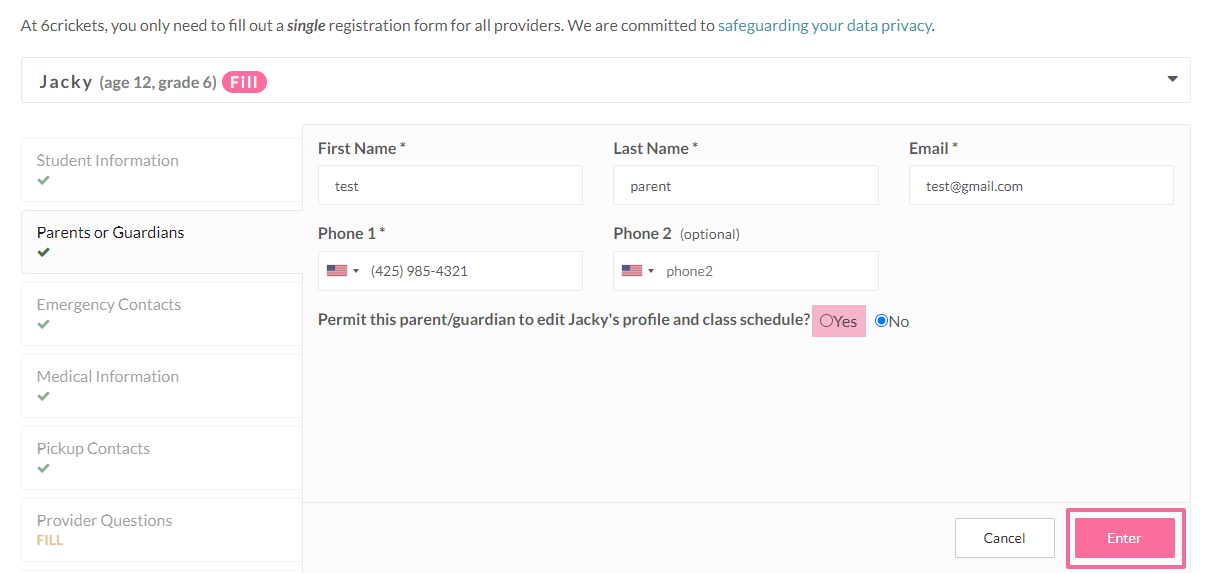 How do I add another parent or guardian to my child's student profile