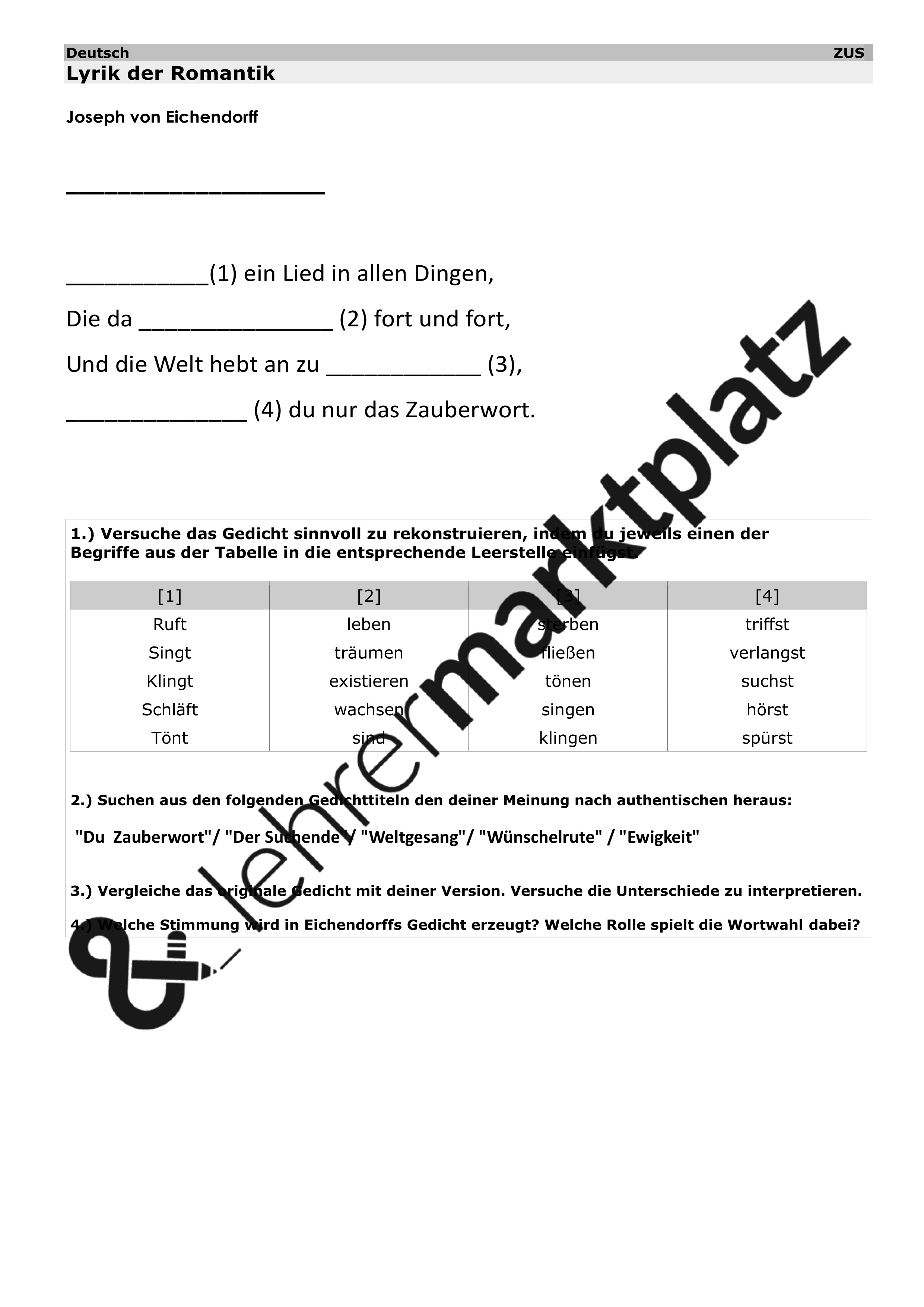 Einleitungssatz Gedichtanalyse Romantik