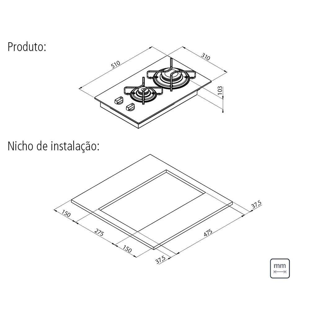 Cooktop a Gás Tramontina Dominó 2GG 30 com Vidro Temperado Preto 2