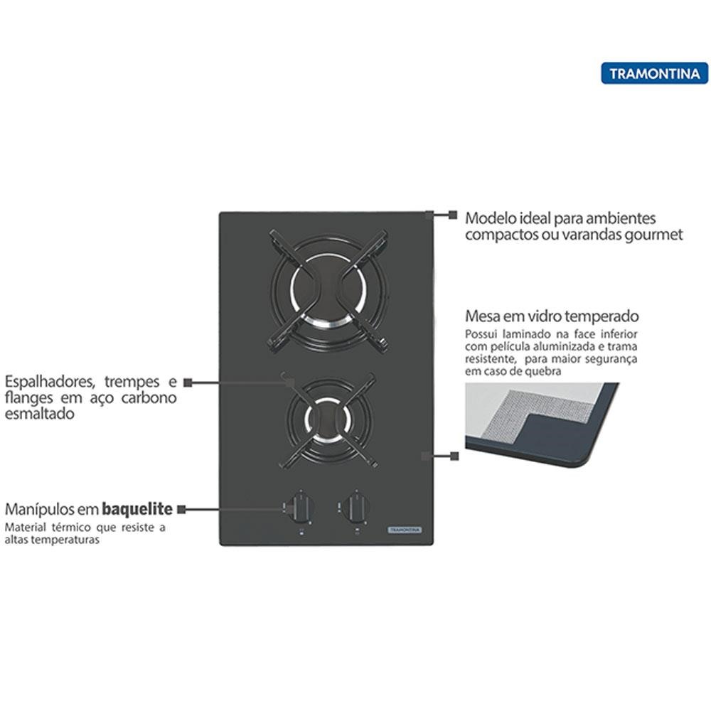 Cooktop a Gás Tramontina Dominó 2GG 30 com Vidro Temperado Preto 2