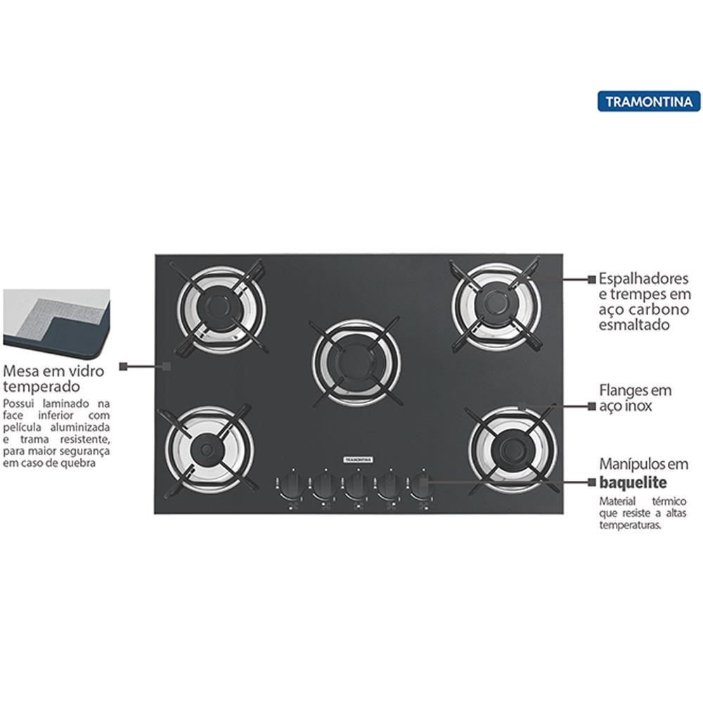 Cooktop a Gás Tramontina Brasil 5GG 70 em Vidro Preto Acendimento