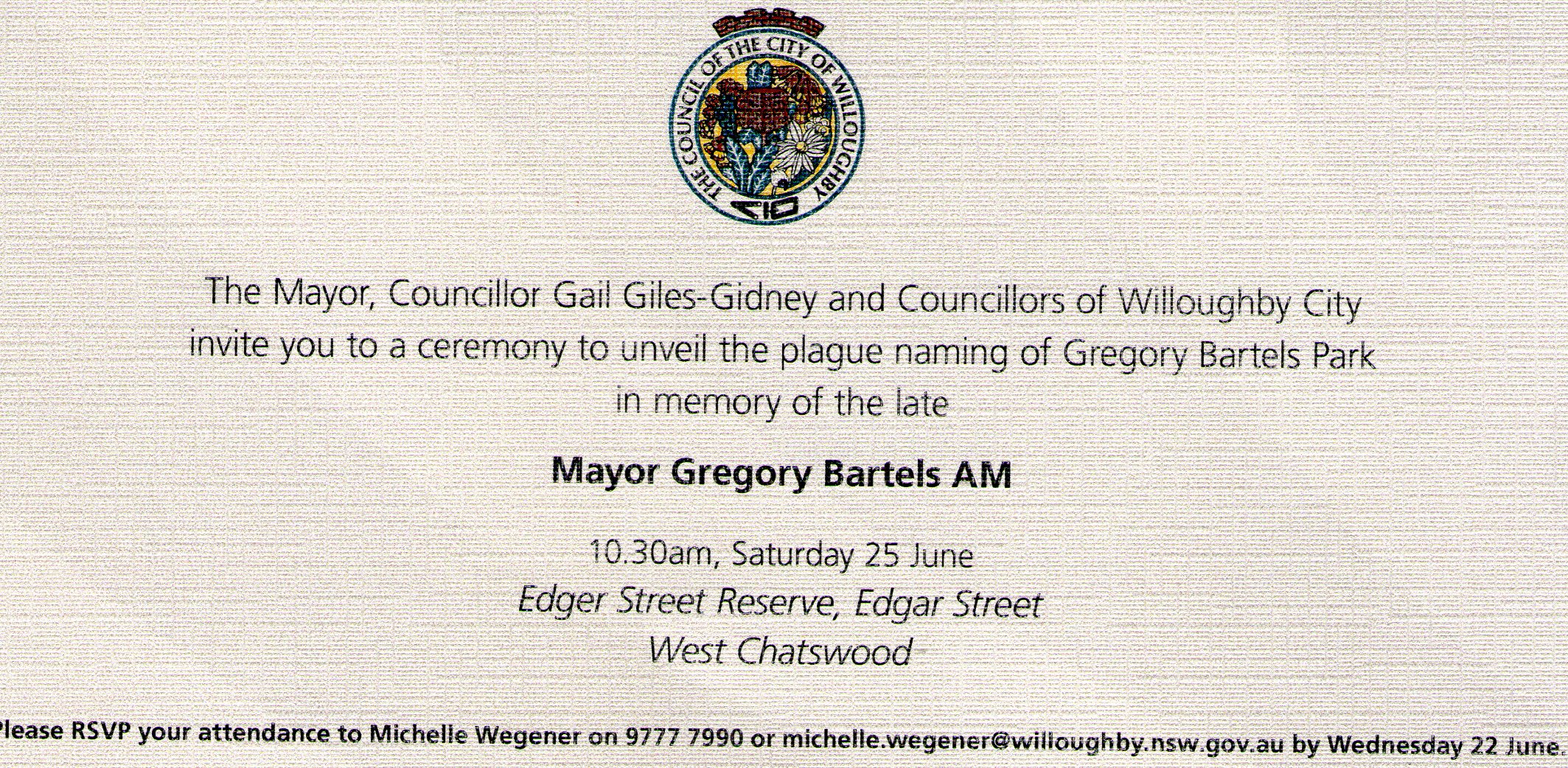 Greg Bartels Park Chatswood West Ward History