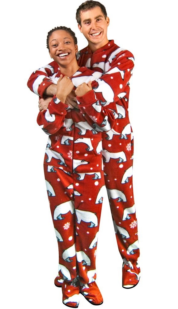 Polar Bear Print Red Polar Fleece Drop Seat Footie Pajamas Christmas