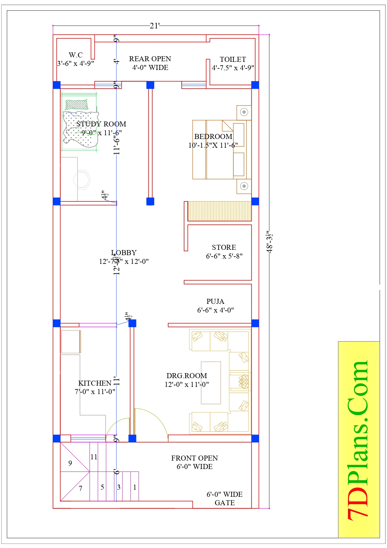 HOUSE PLAN OF PLOT SIZE 21’X48′ FEET 21 FEET BY 48 FEET 112 SQUARE