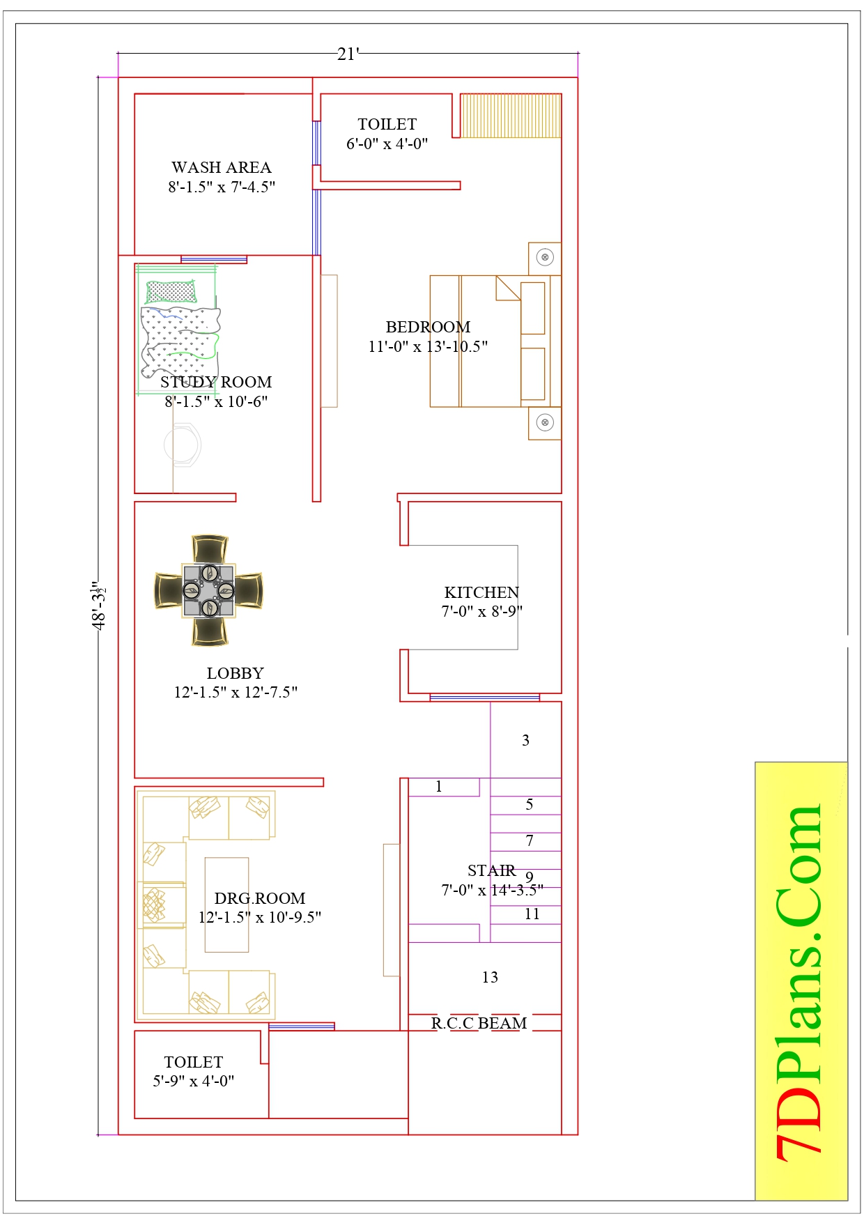 HOUSE PLAN OF PLOT SIZE 21’X48′ FEET 21 FEET BY 48 FEET 112 SQUARE