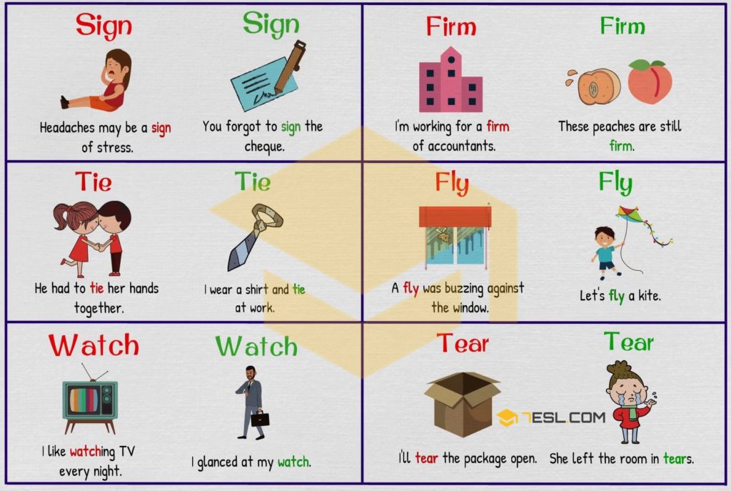 100+ Common Examples of Homographs in English • 7ESL