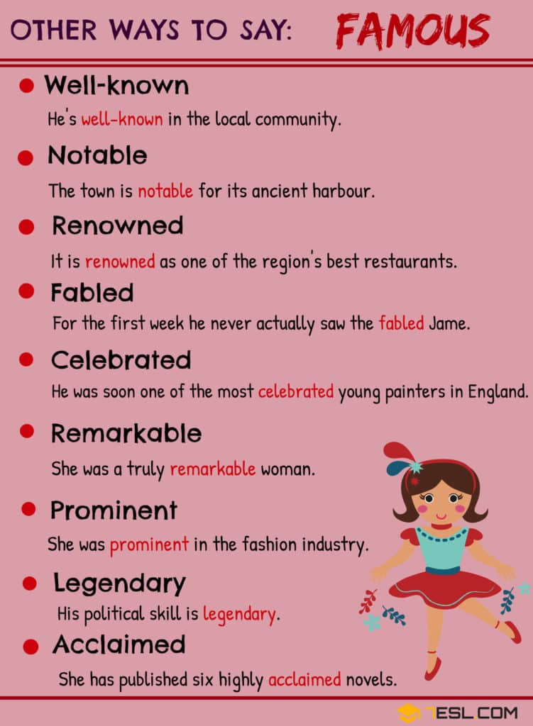 FAMOUS Synonyms 12 Synonyms for FAMOUS in English • 7ESL