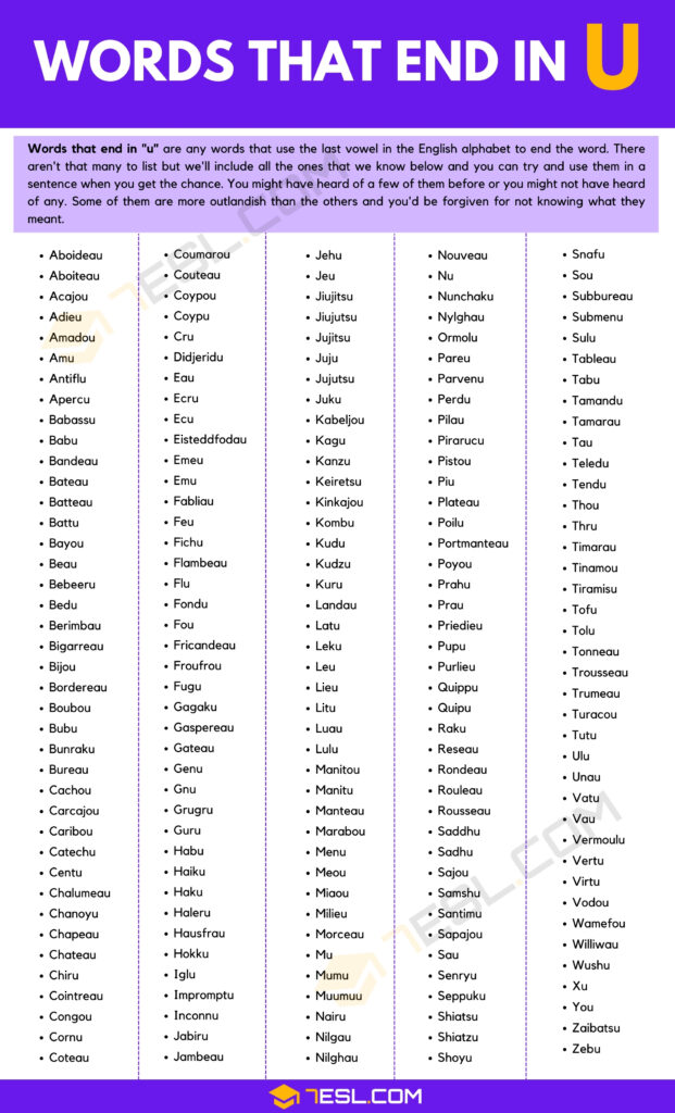 Words That End in U (200+ English Words) • 7ESL