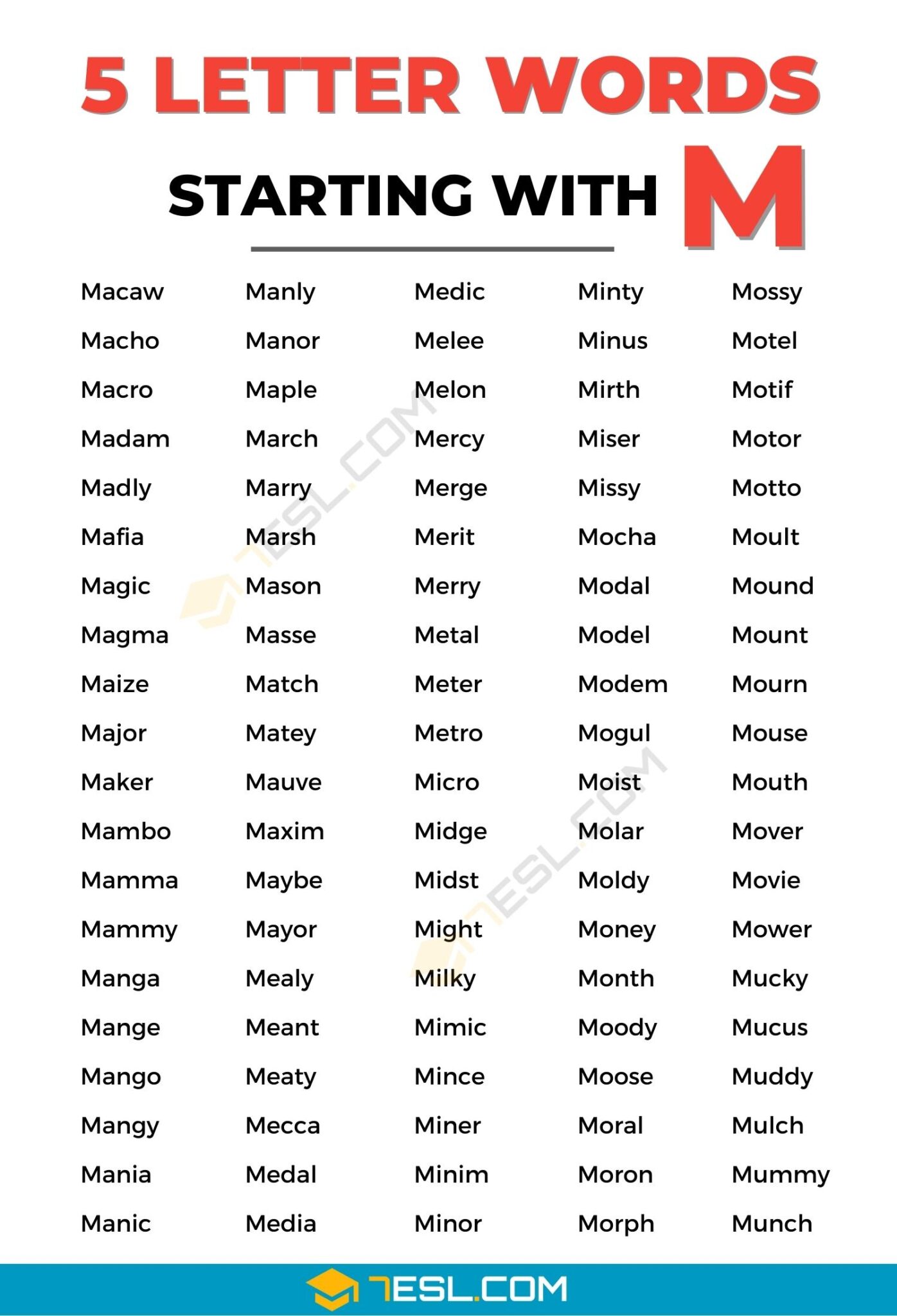 950+ Useful 5 Letter Words Starting with M in English • 7ESL