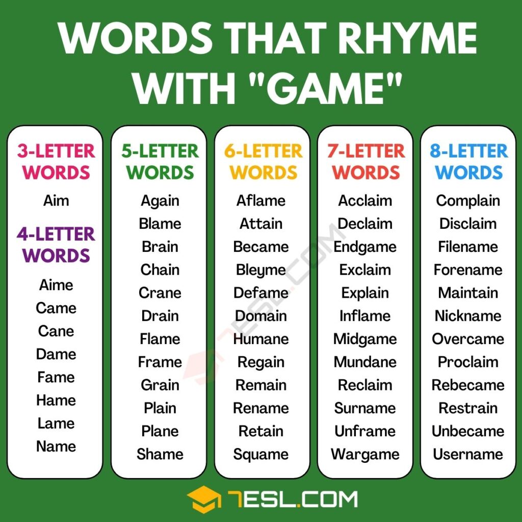 170 Words that Rhyme with Game in English • 7ESL