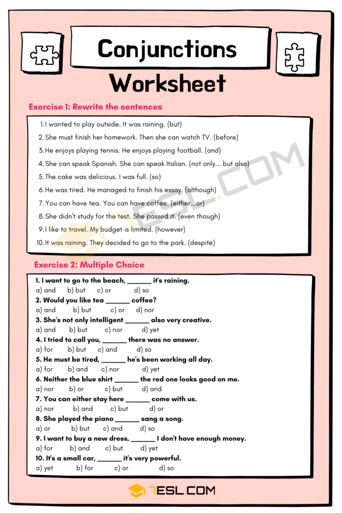 Conjunctions Worksheet Conjunctions Exercises • 7ESL
