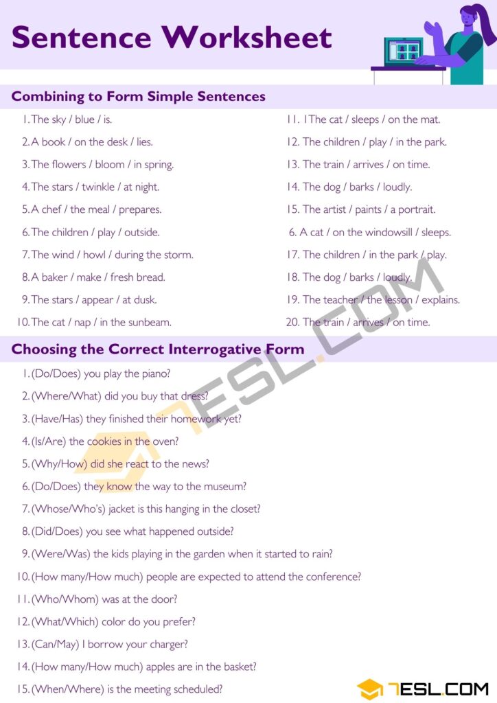 Sentence Exercises Sentence Worksheet • 7ESL