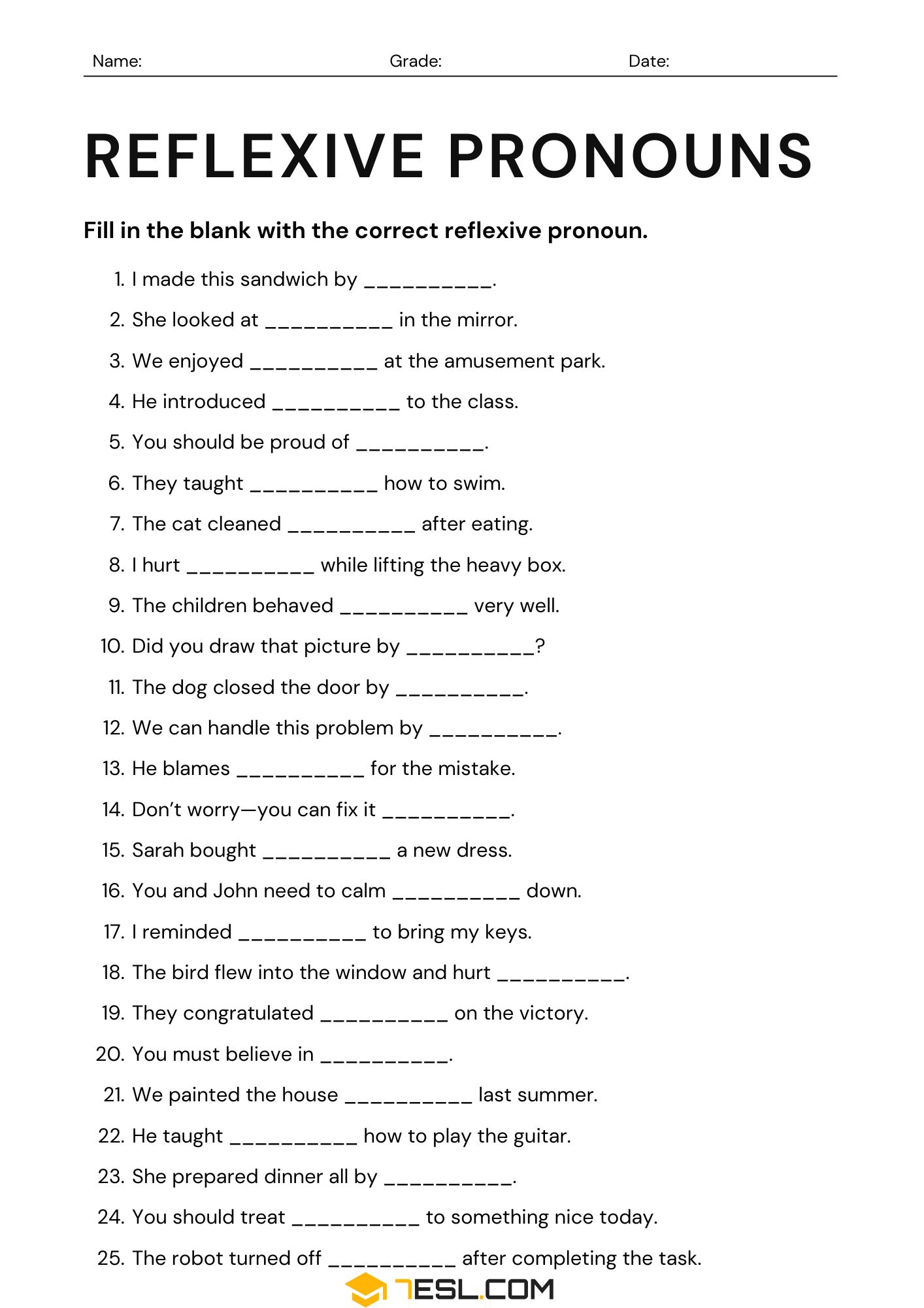 Reflexive Pronouns Exercises and Worksheets • 7ESL