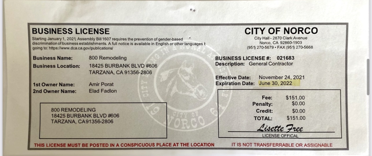 Licenses & bonds 800 Remodeling Inc.