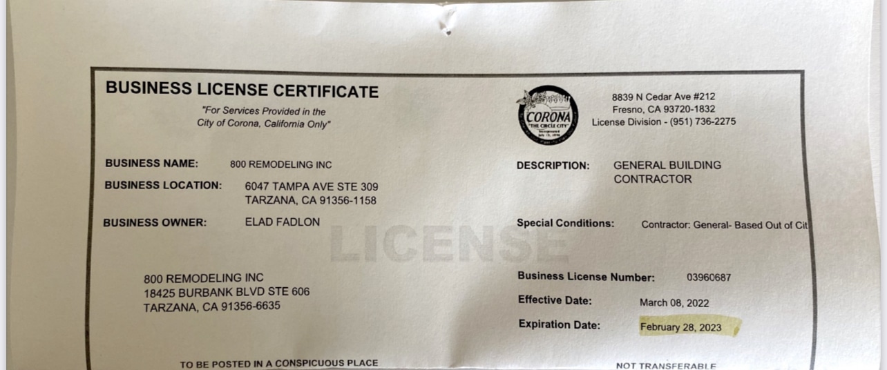 Licenses & bonds 800 Remodeling Inc.