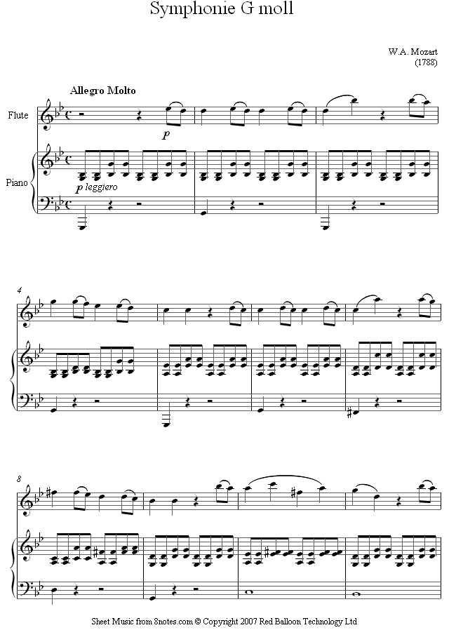 Mozart Symphony no. 40 1st mvt sheet music for Flute