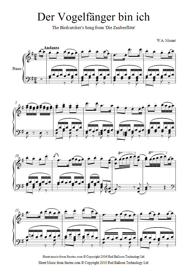 Mozart The BirdCatchers song from Magic Flute sheet music for Violin