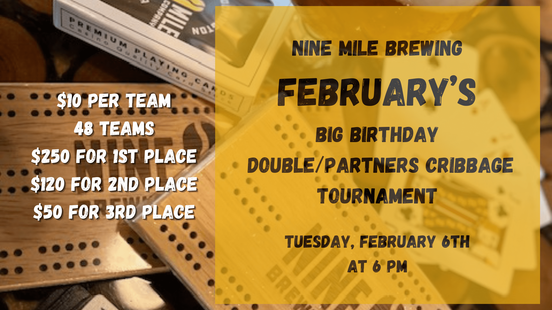 February's BIG BIRTHDAY Doubles Cribbage Tournament! Nine Mile Brewing